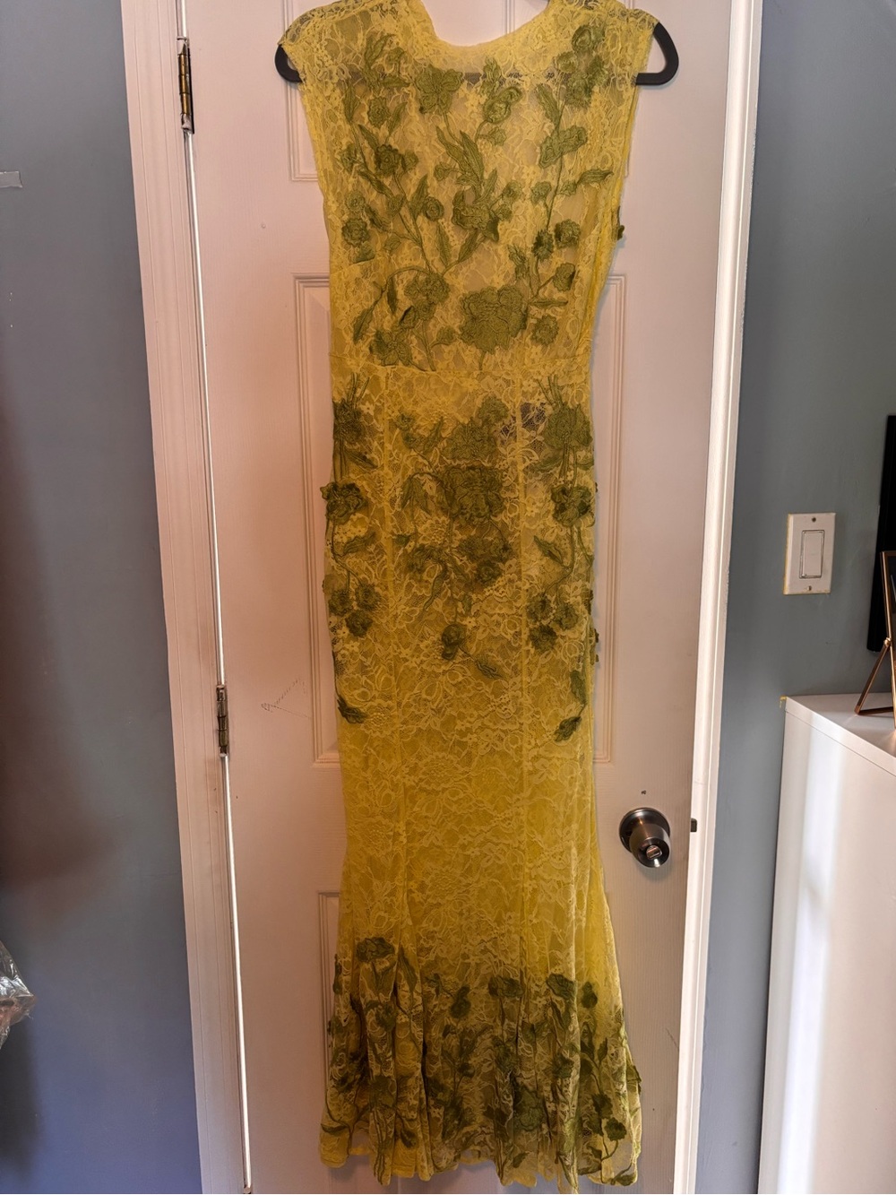 ASOS Yellow Lace Maxi Dress with Green Floral Appliqué